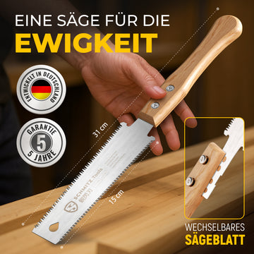 SCHMITZ.Tools Japansäge Handsäge Holz - Japanische Zugsäge - Extrem scharf, Doppelseitig 11/17 TPI - Japan Säge - Glatte & kontrollierte Schnitte - Japanese Saw – Japansäge Klein - Heller Griff